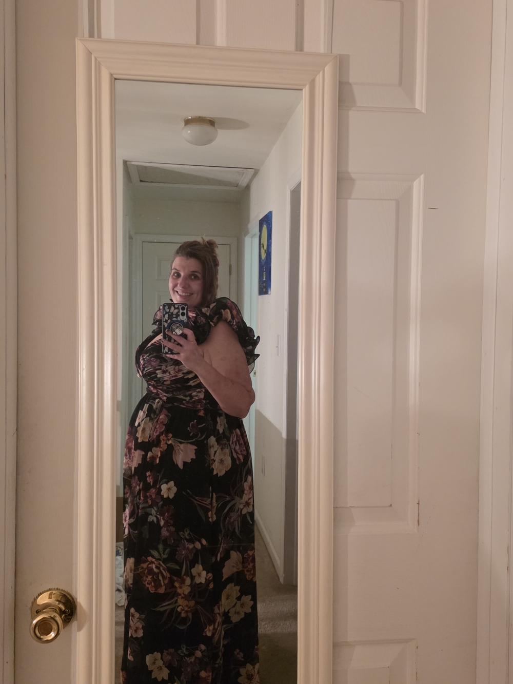 Macy's Black Floral Maxi Dress with Puff Sleeves and Self Tie - Picture 3 of 11